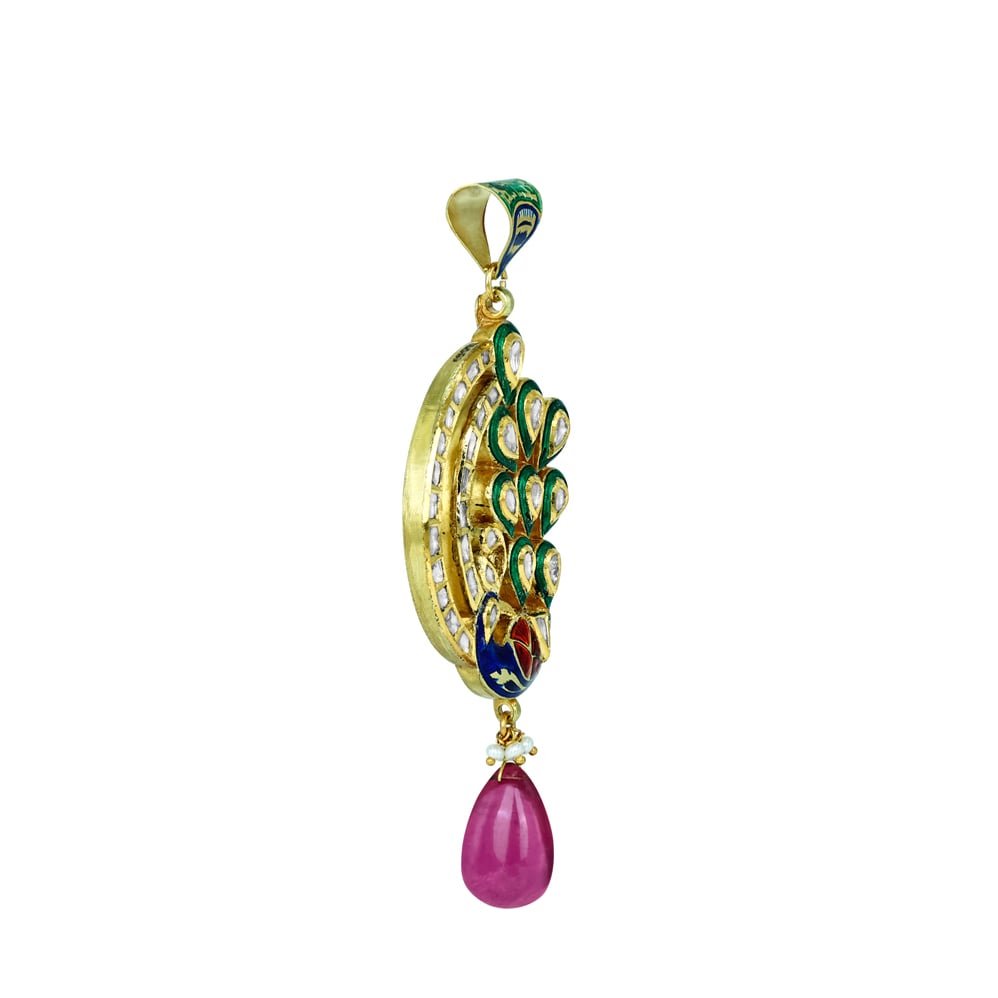 Peacock Enamel Pendant with Polki Diamonds and Tourmaline Drop